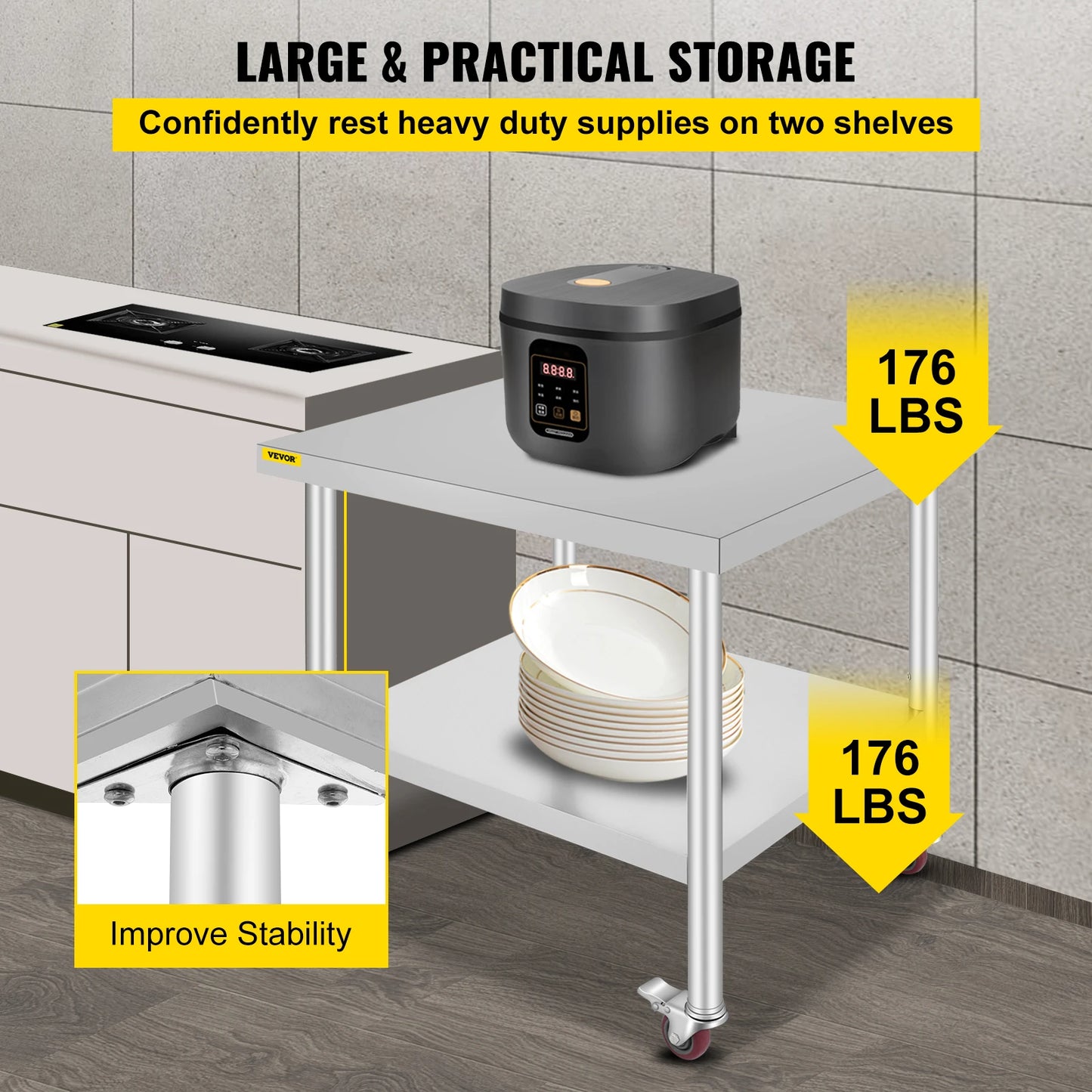 SucceBuy Stainless Steel Kitchen Prep Table With Sturdy Casters