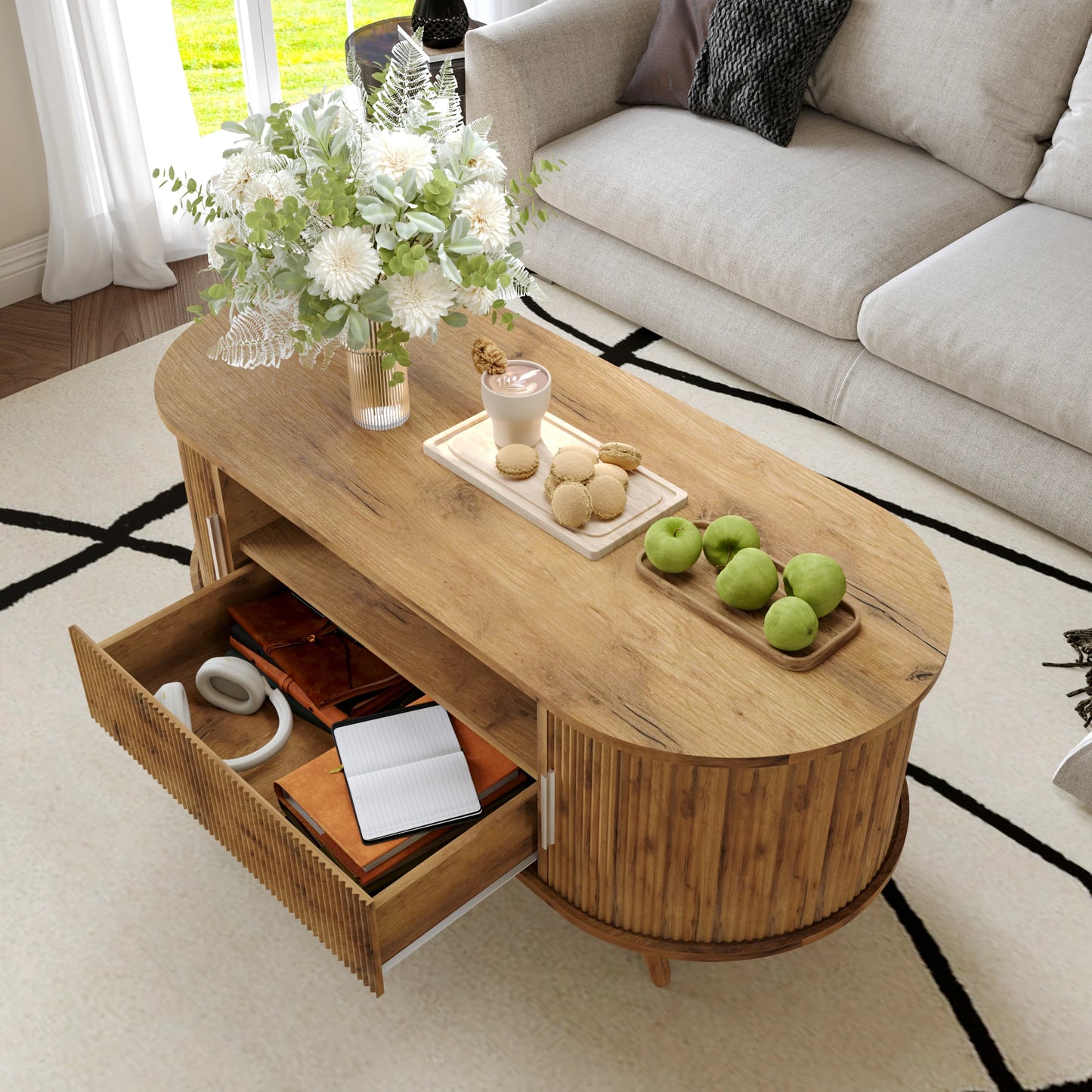 Modern Oval Coffee Table With Storage Drawer And Sliding Doors