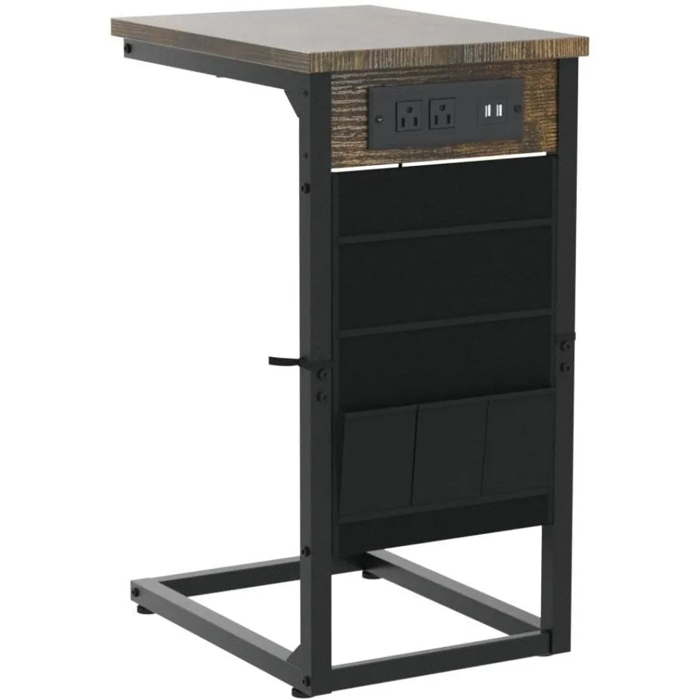 XIUWO C Shaped End Table With Charging Station Storage