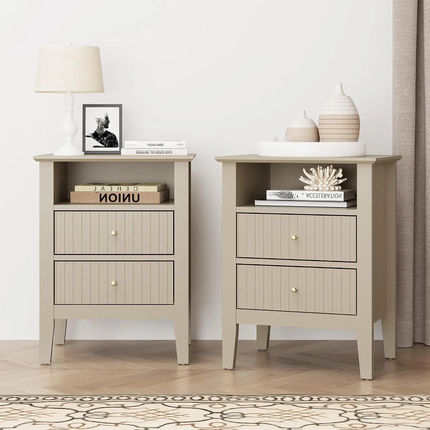 Contemporary Fluted Nightstand Set With Charging Station And Storage Shelf
