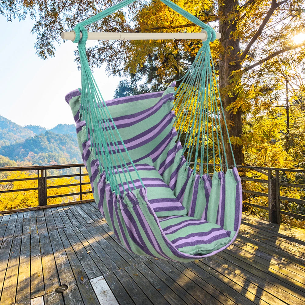 Outdoor Hanging Rope Chair With Two Soft Pillows For Patio