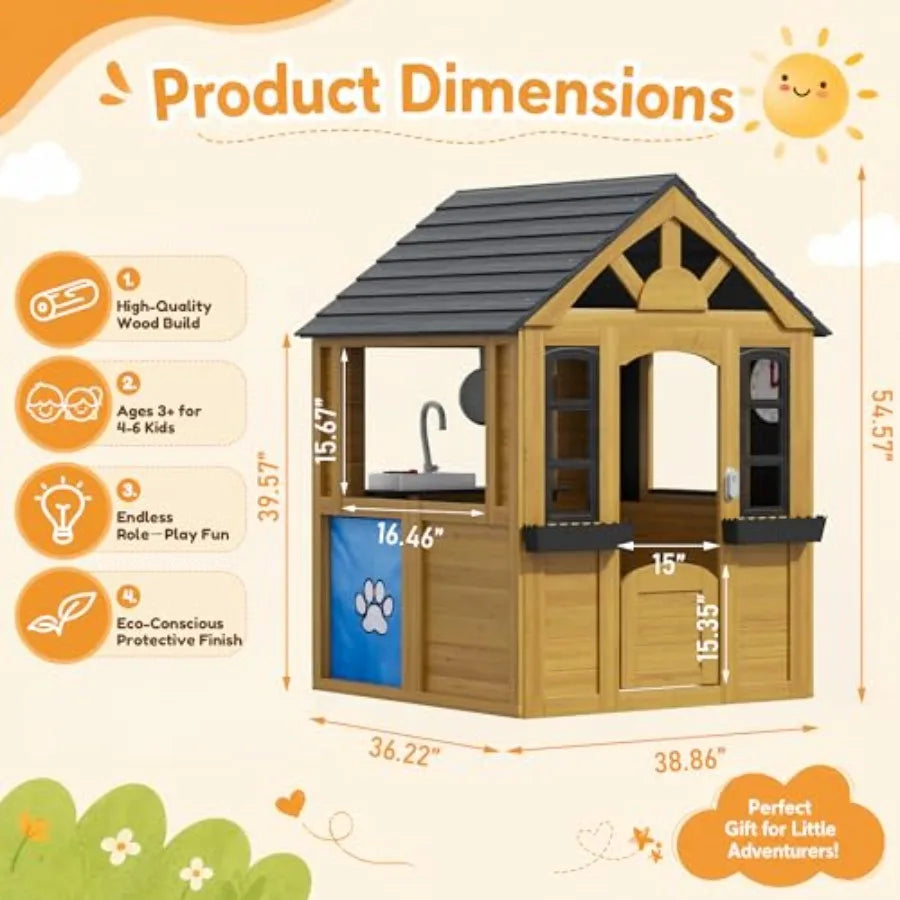 MDNG Outdoor Wooden Toddler Playhouse With Kitchen And Snack Bar