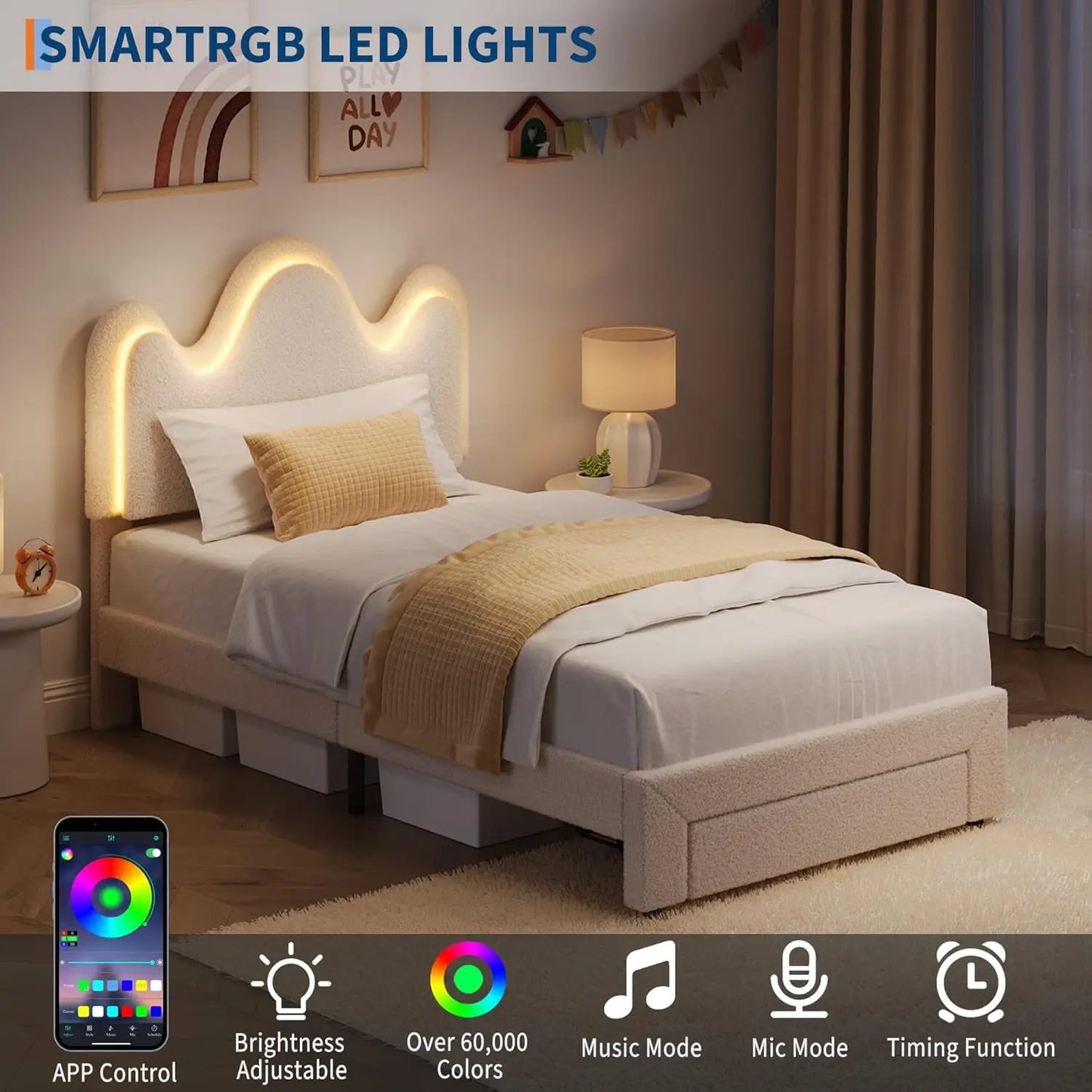 Studyset Boucle Princess Bed Frame With LED Headboard And Storage