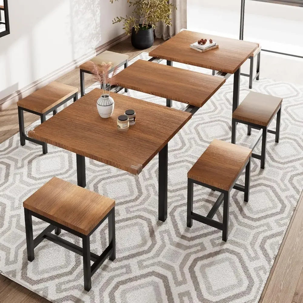 Modern Seven Piece Dining Table Set With Six Cushioned Stools