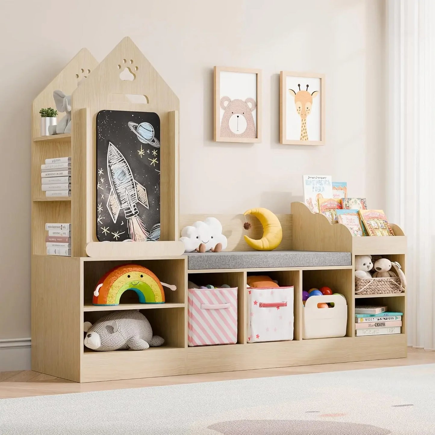 Kids Bookshelf With Reading Nook And Chalkboard Bench