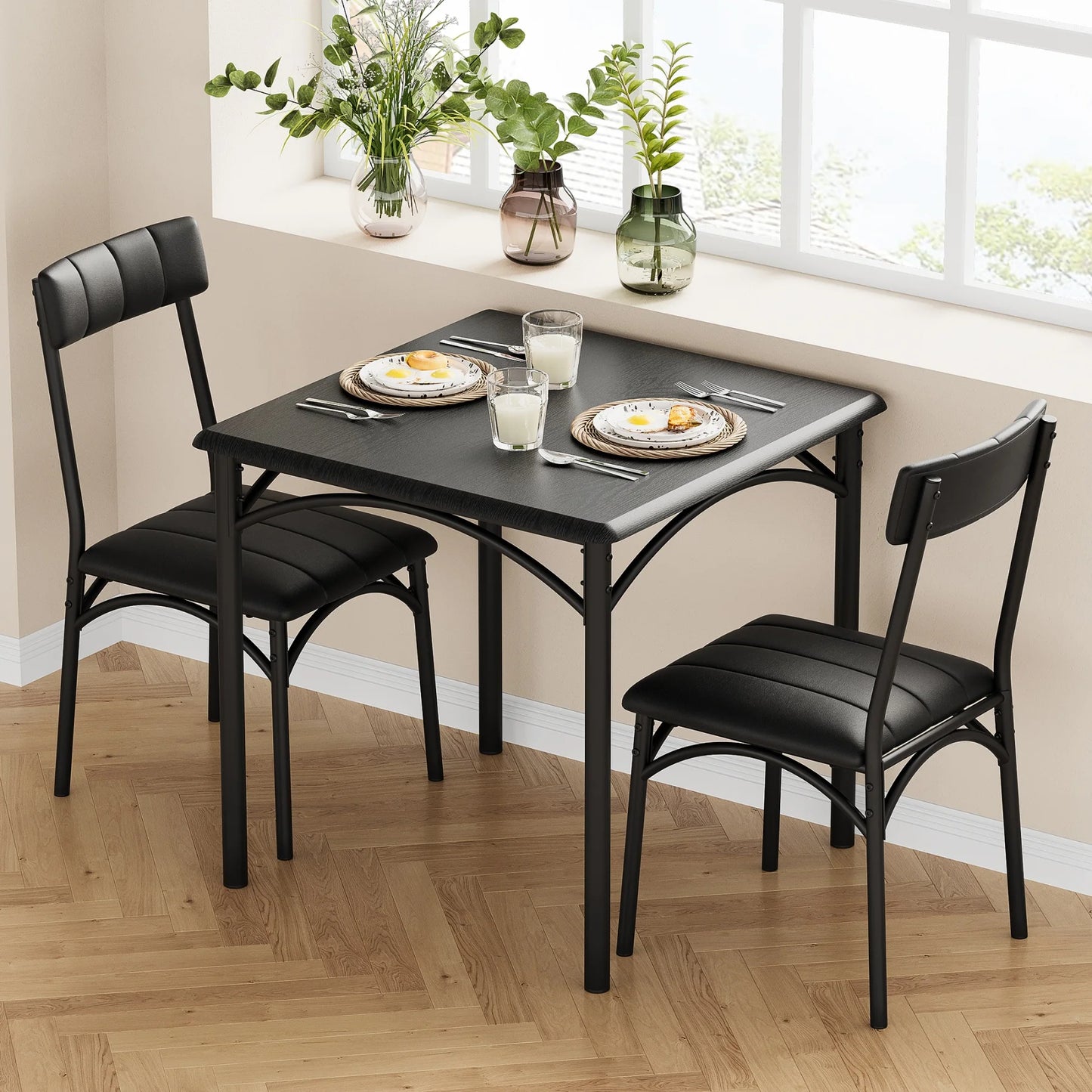 HiMiss Metal Wood Dining Table Set With Upholstered Chairs For Apartments