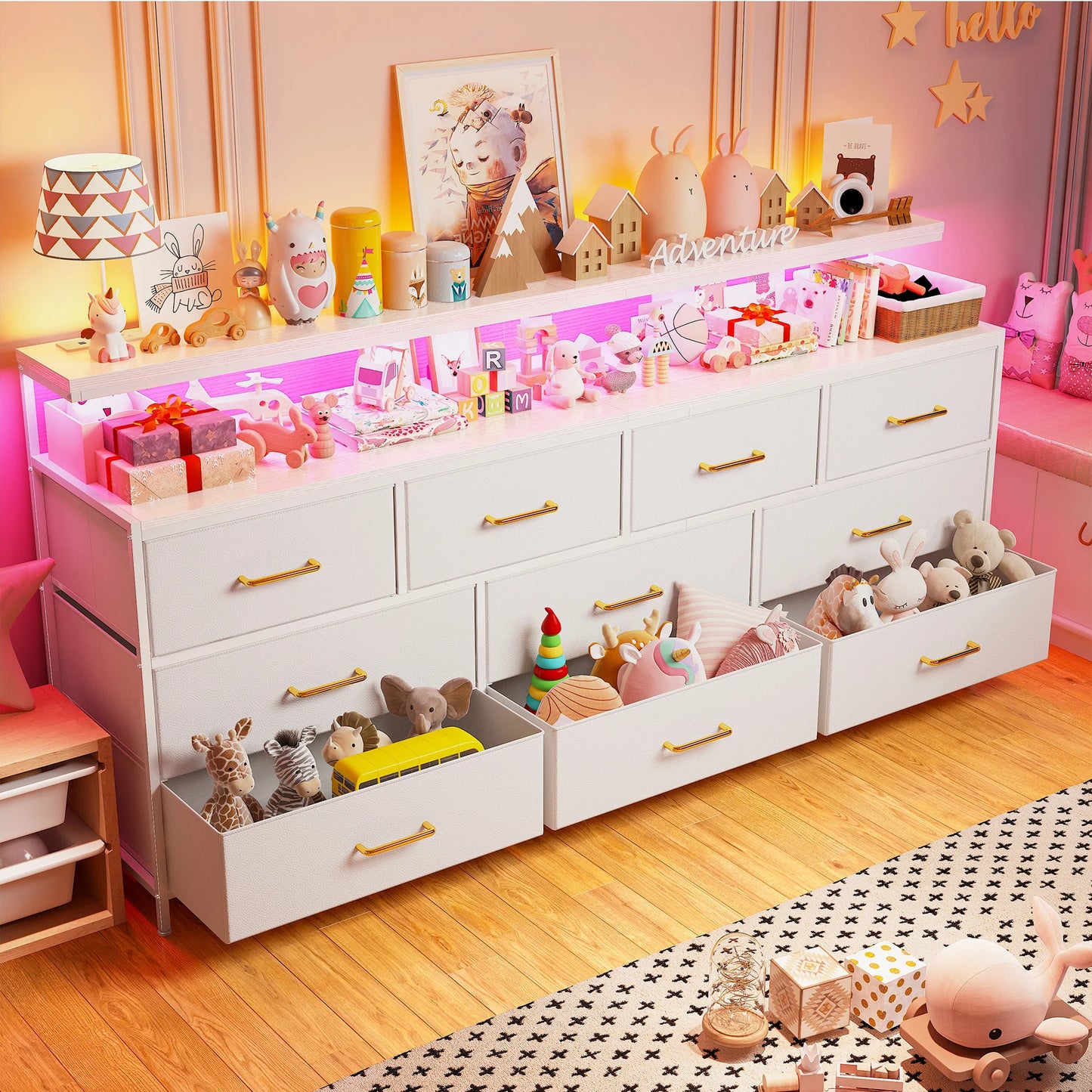 Smart Dresser with LED Lighting and Power Outlets, Metal Frame