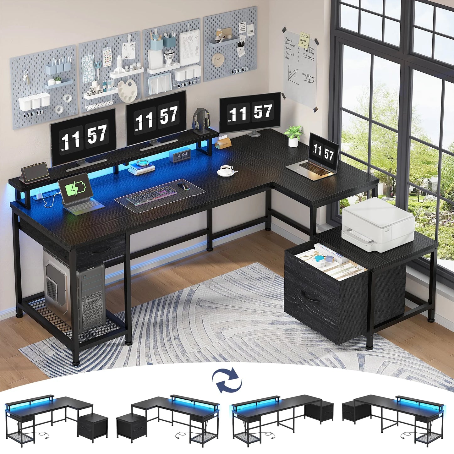 EnHomee L Shaped Gaming Desk With Reversible Corner RGB Lighting