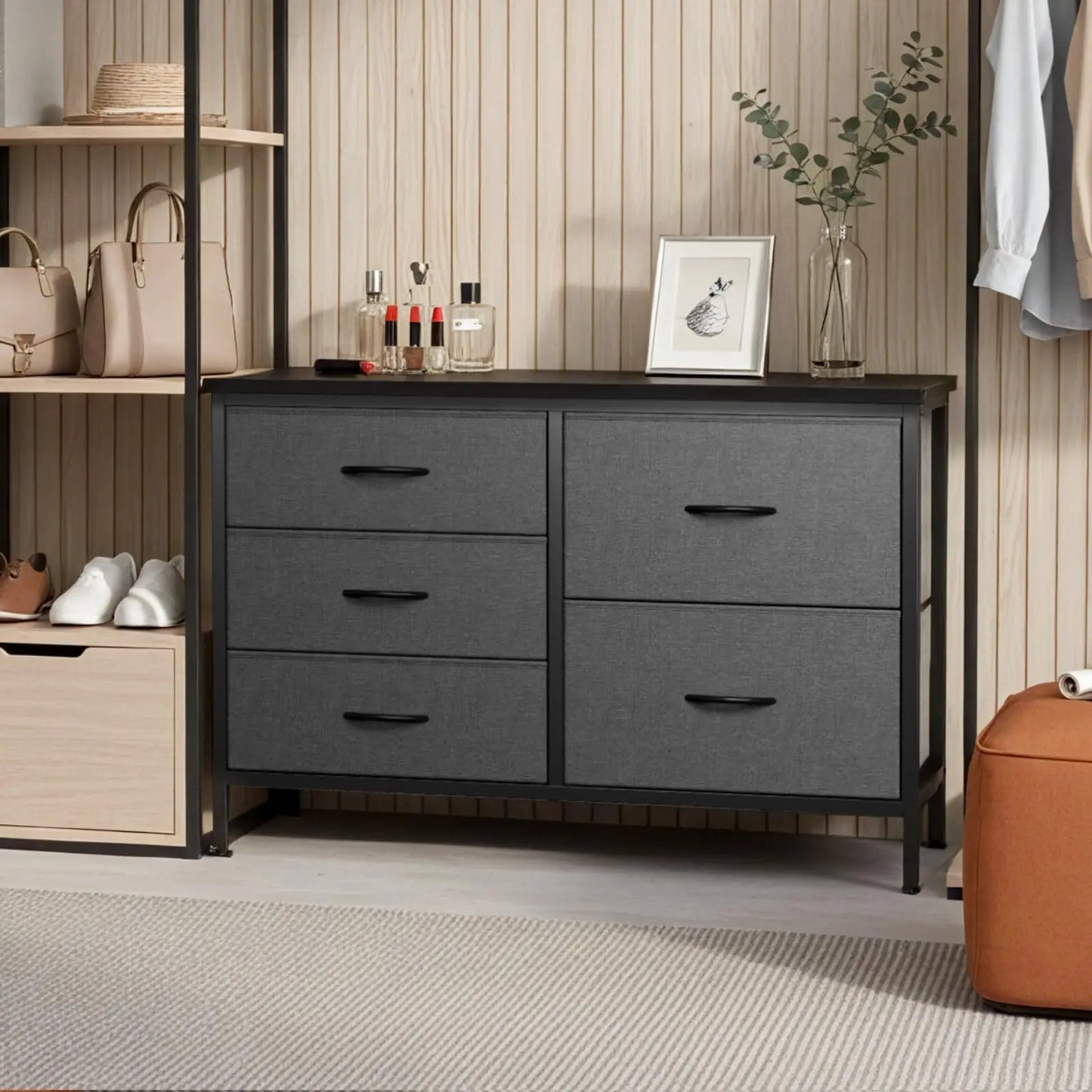 JHK 5-Drawer Dresser With Metal Frame For Living Room Storage