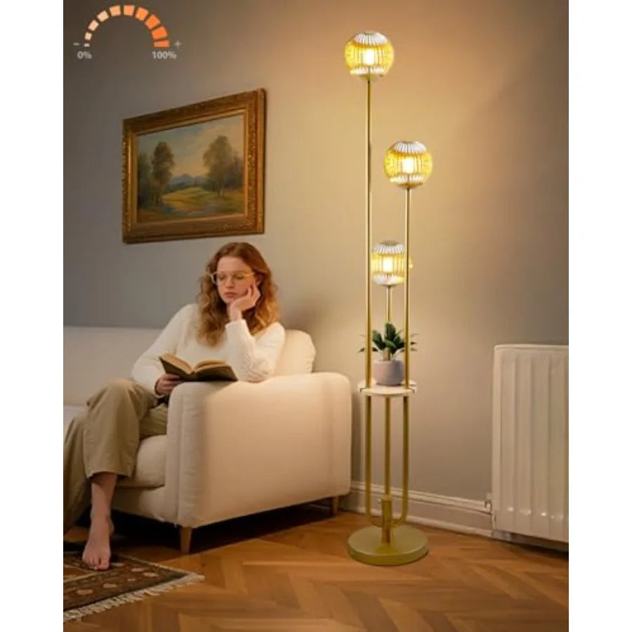 Glass Floor Lamp With Shelf, Dimmable, Mid Century Modern Style