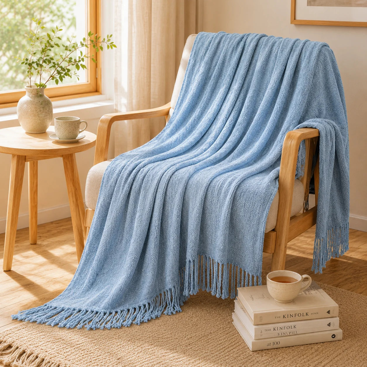 Textured Bobble Diamond Knit Throw Blanket Featuring Tassel Fringe