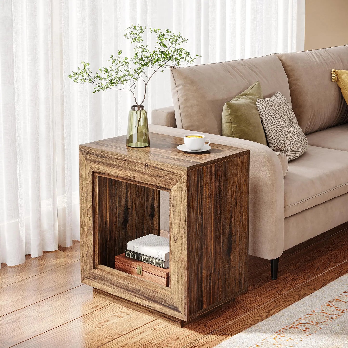 Tribesigns Rustic Wood End Table With Two-Tier Storage Shelf