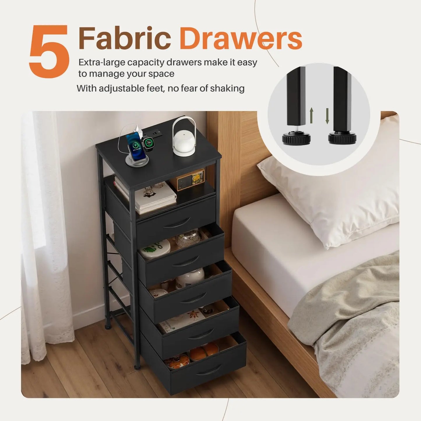 JHK Modern 5 Fabric Drawer Dresser With Charging Station