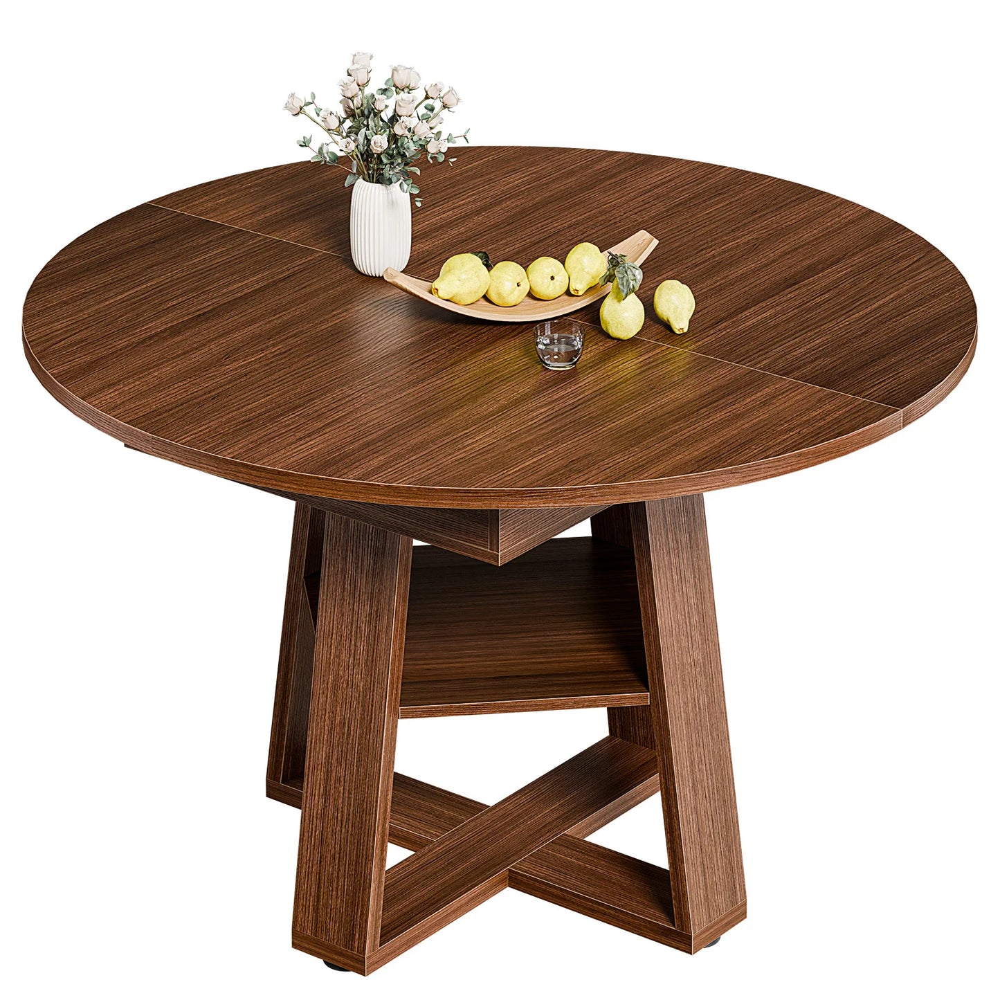 JHK Extendable Wood Dining Table With Storage Shelf Pedestal Base