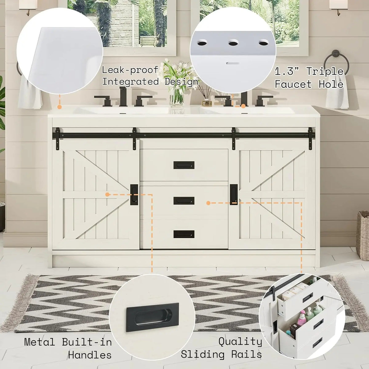 Farmhouse Double Sink Bathroom Vanity With Sliding Barn Doors