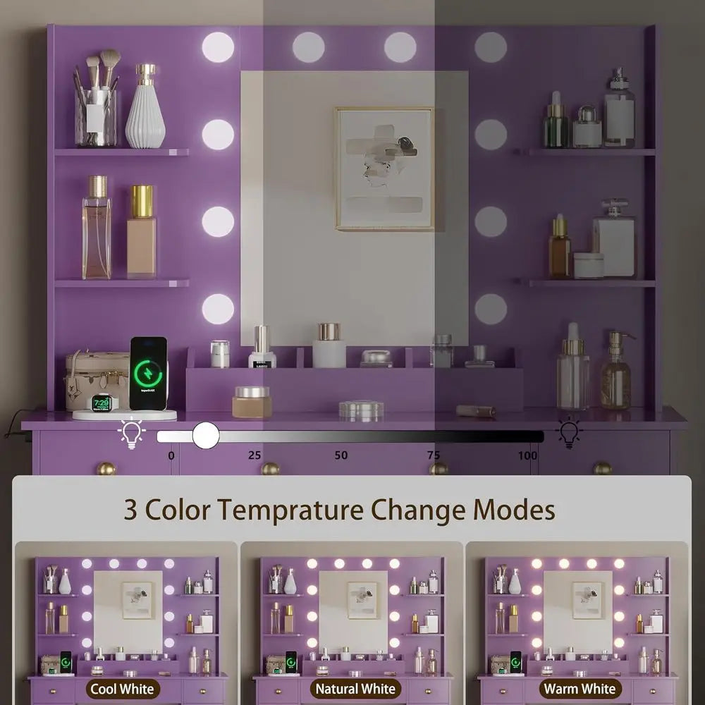 Makeup Vanity Desk With Mirror LED Lighting And Power Outlet