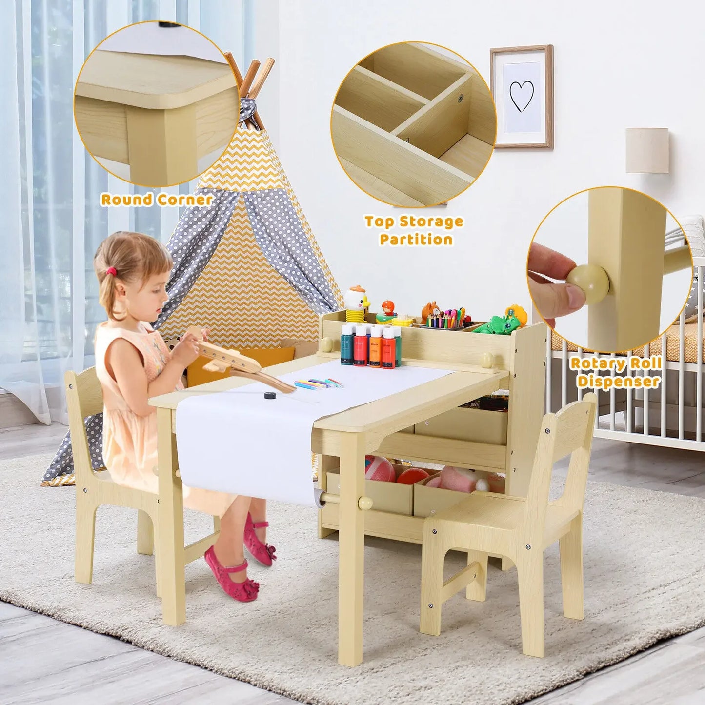AuAg Kids Art Table And Chair Set With Storage Shelves Canvas Bins