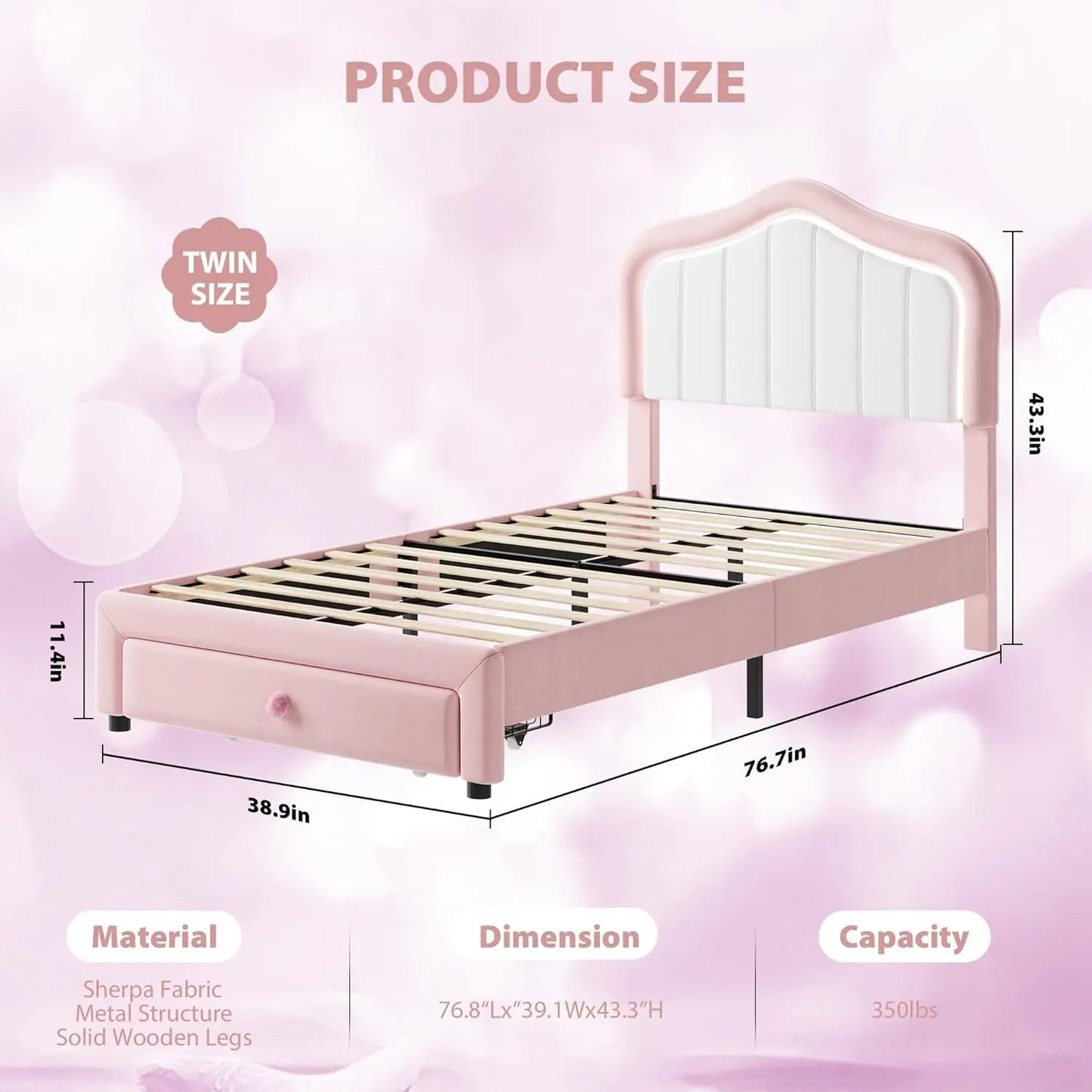 Studyset Kids Velvet Upholstered Bed Frame With LED Crown Headboard