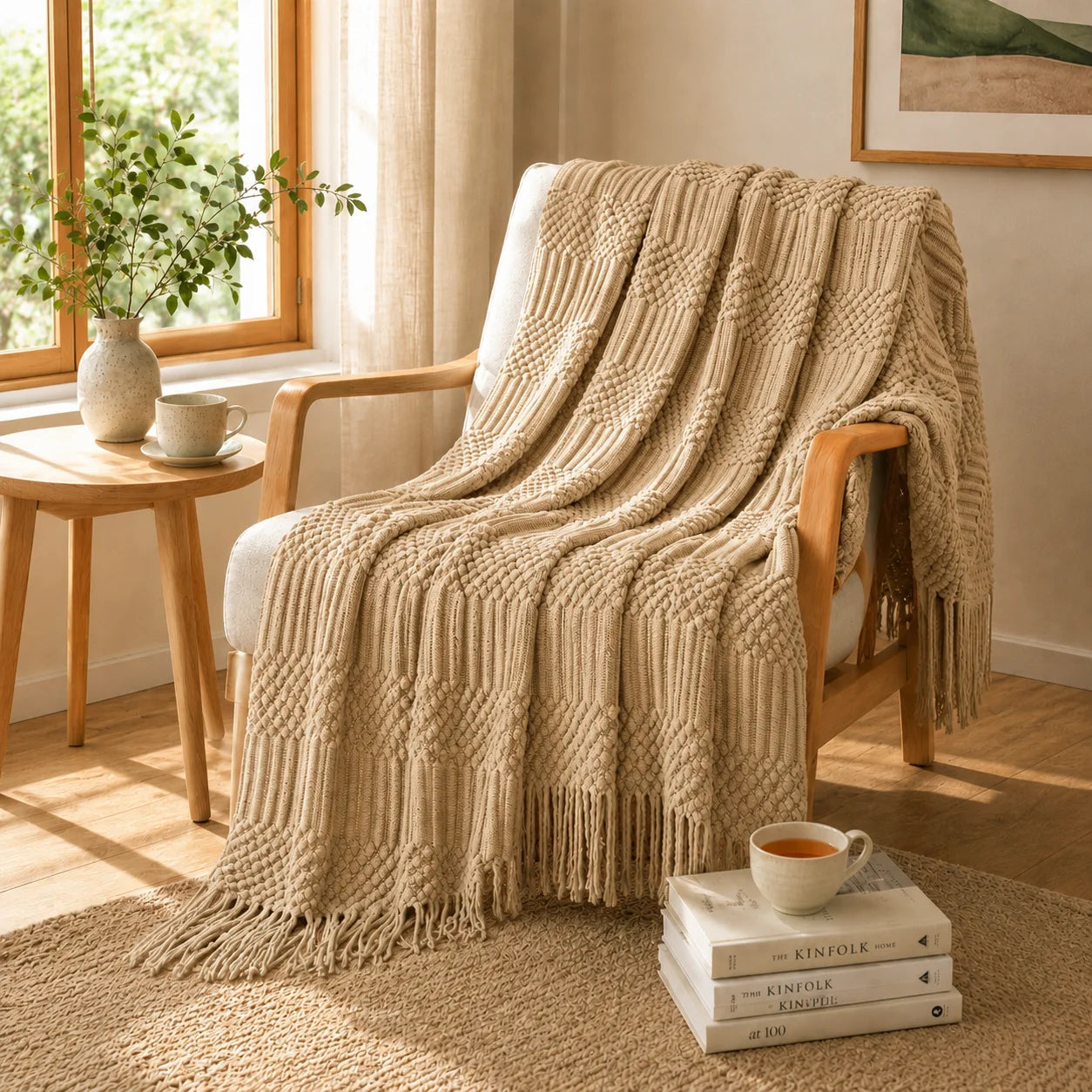 Textured Bobble Diamond Knit Throw Blanket Featuring Tassel Fringe