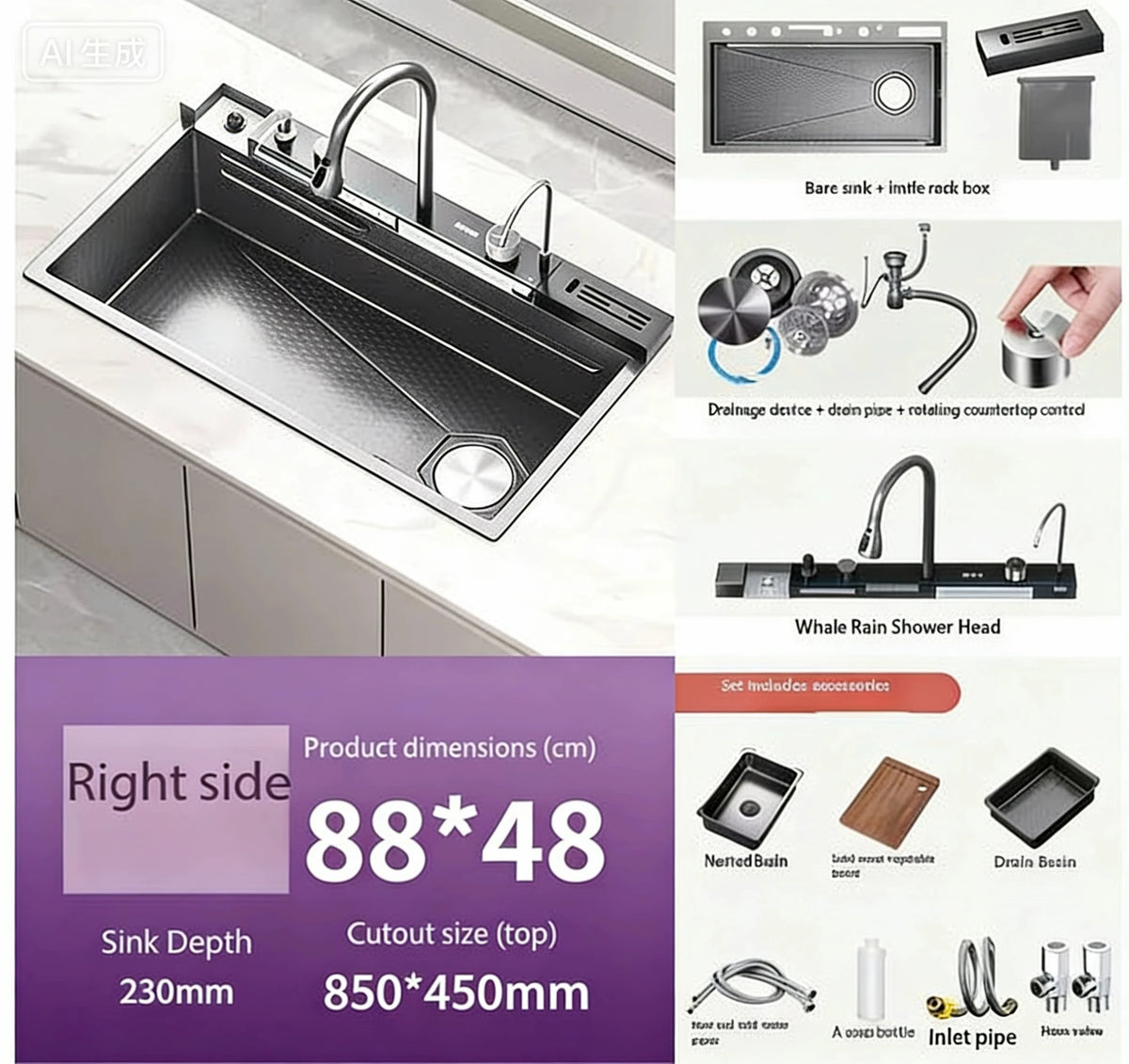 Nianronghua Stainless Steel Waterfall Kitchen Sink With Digital Display