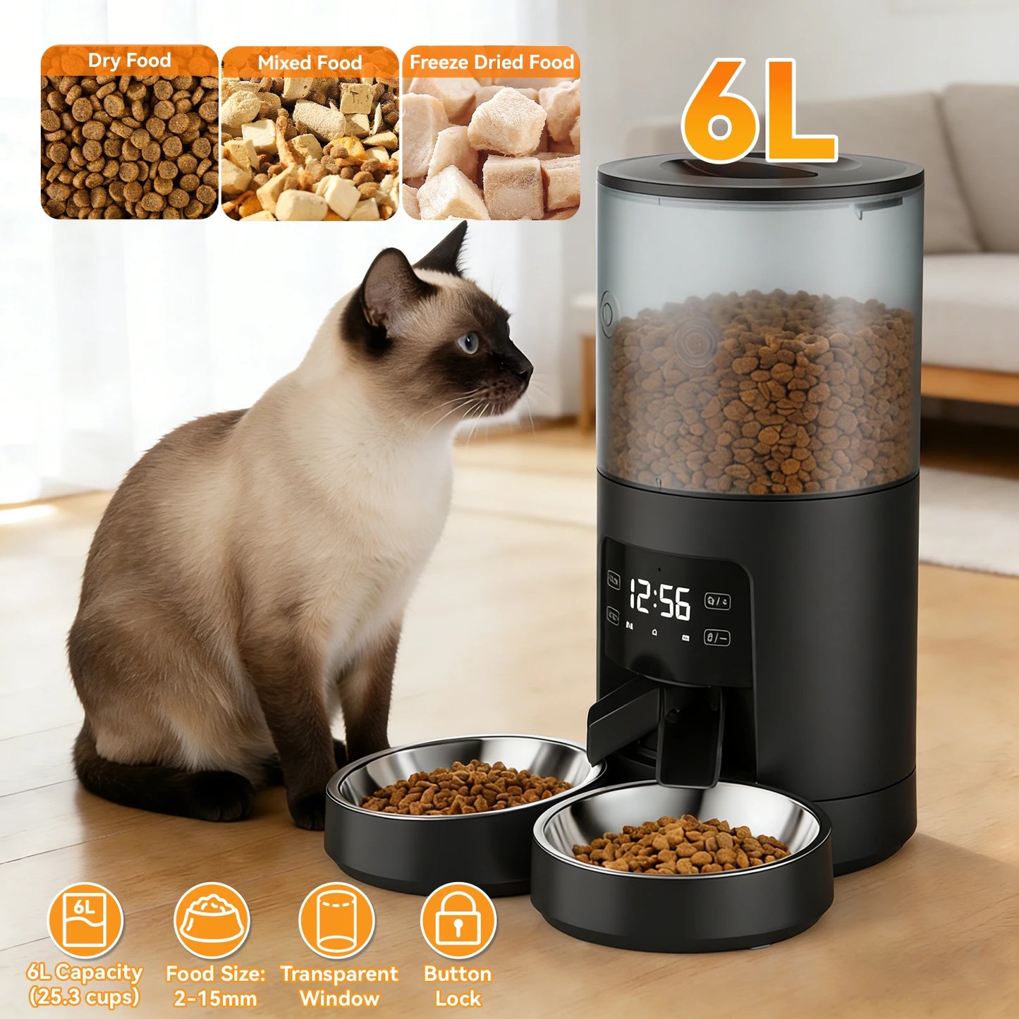 Automatic Cat Feeder With Dual Power Supply And Stainless Bowls