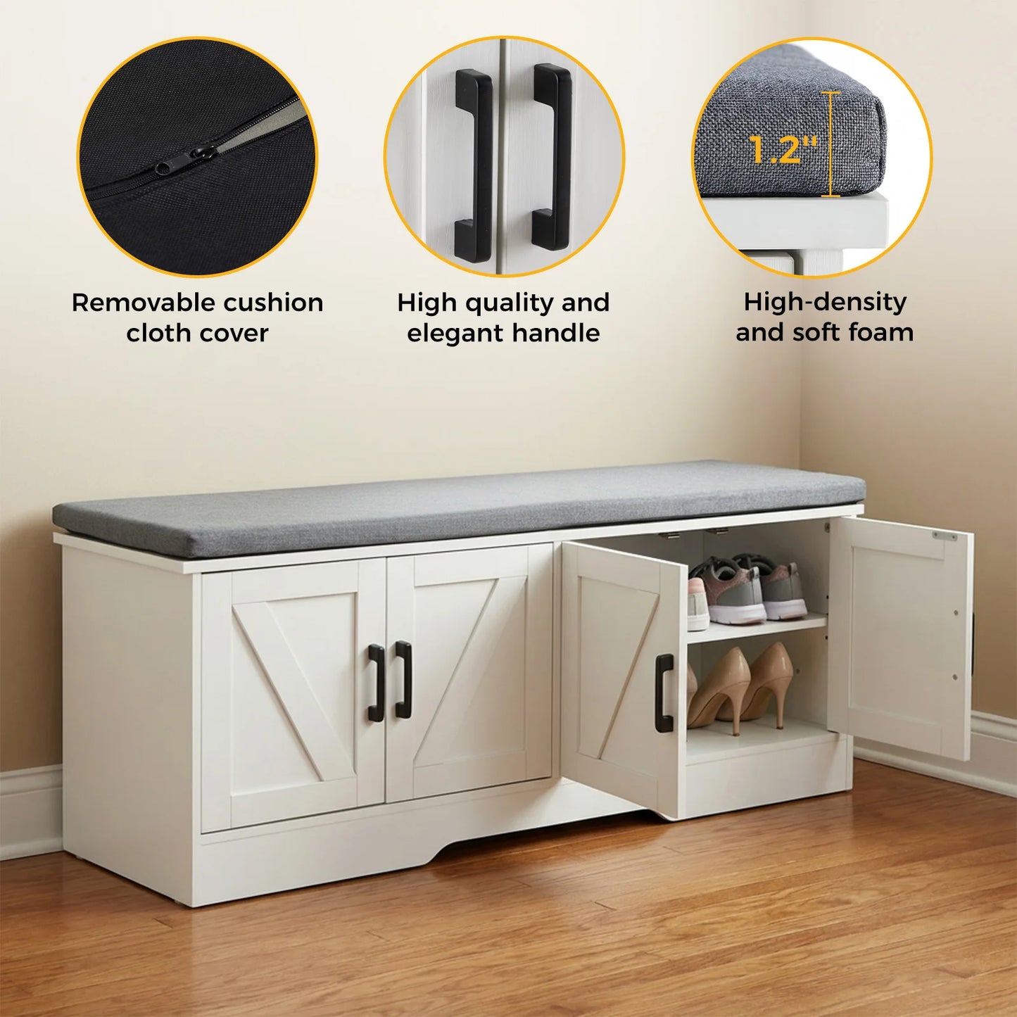 JHK Two Door Entryway Storage Bench With Padded Seat Cushion