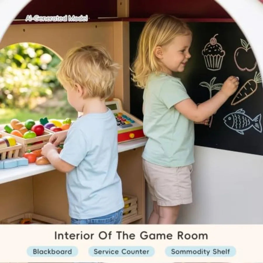 MDNG Solid Wood Kids Playhouse With Chalkboard And Utility Table