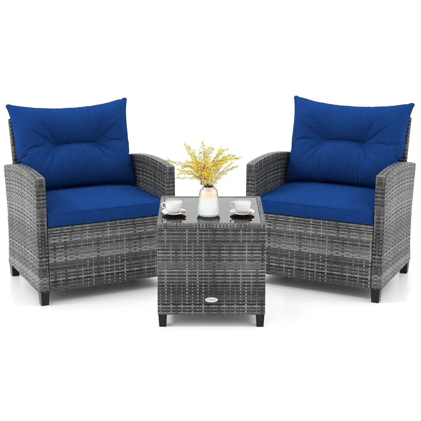Three Piece Outdoor PE Rattan Patio Set With Glass Tabletop