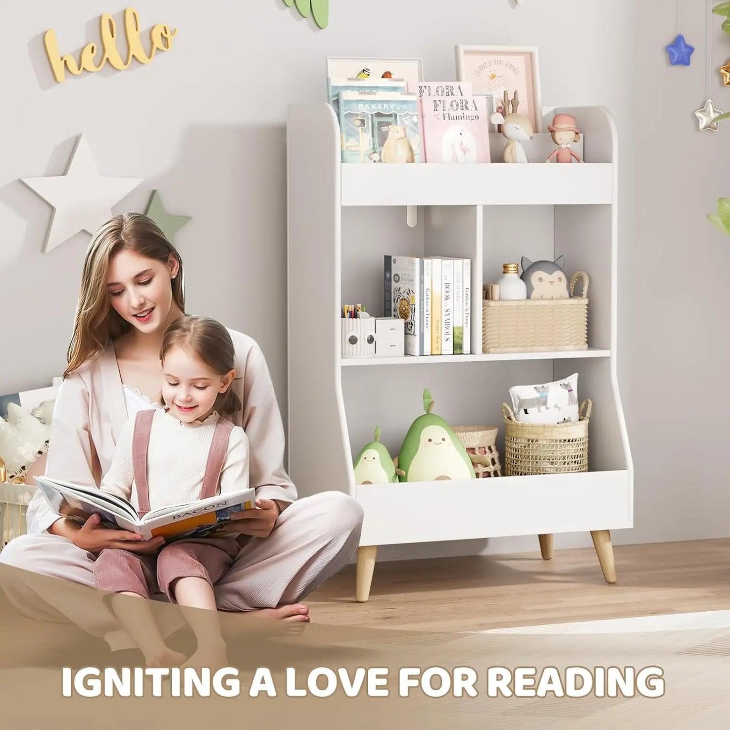 AuAg Kids Wooden Storage Unit With Bookshelf And Toy Organizer