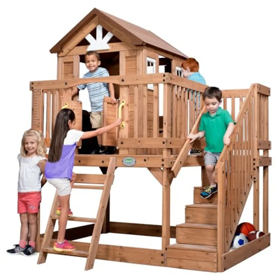 Mdng Outdoor Kids Cedar Playhouse With Kitchen And Deck