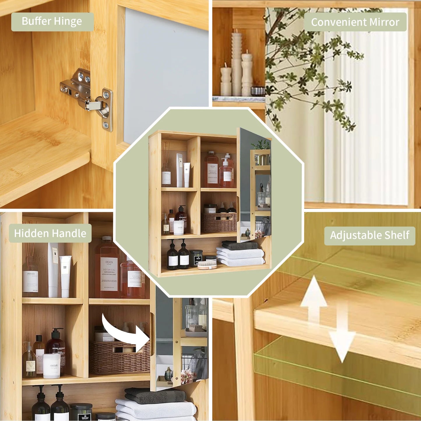 Wall Mounted Bamboo Bathroom Medicine Cabinet With Five Tier Storage