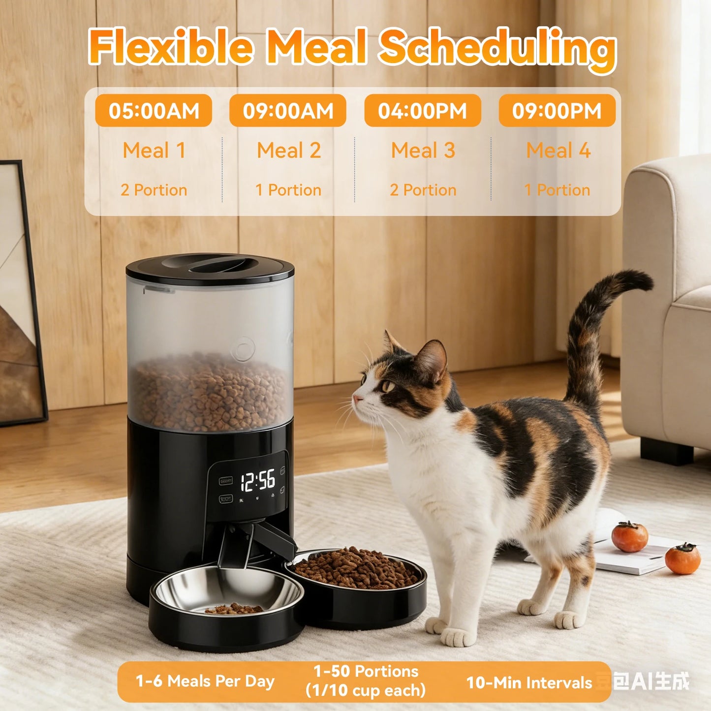 Automatic Cat Feeder With Dual Power Supply And Stainless Bowls