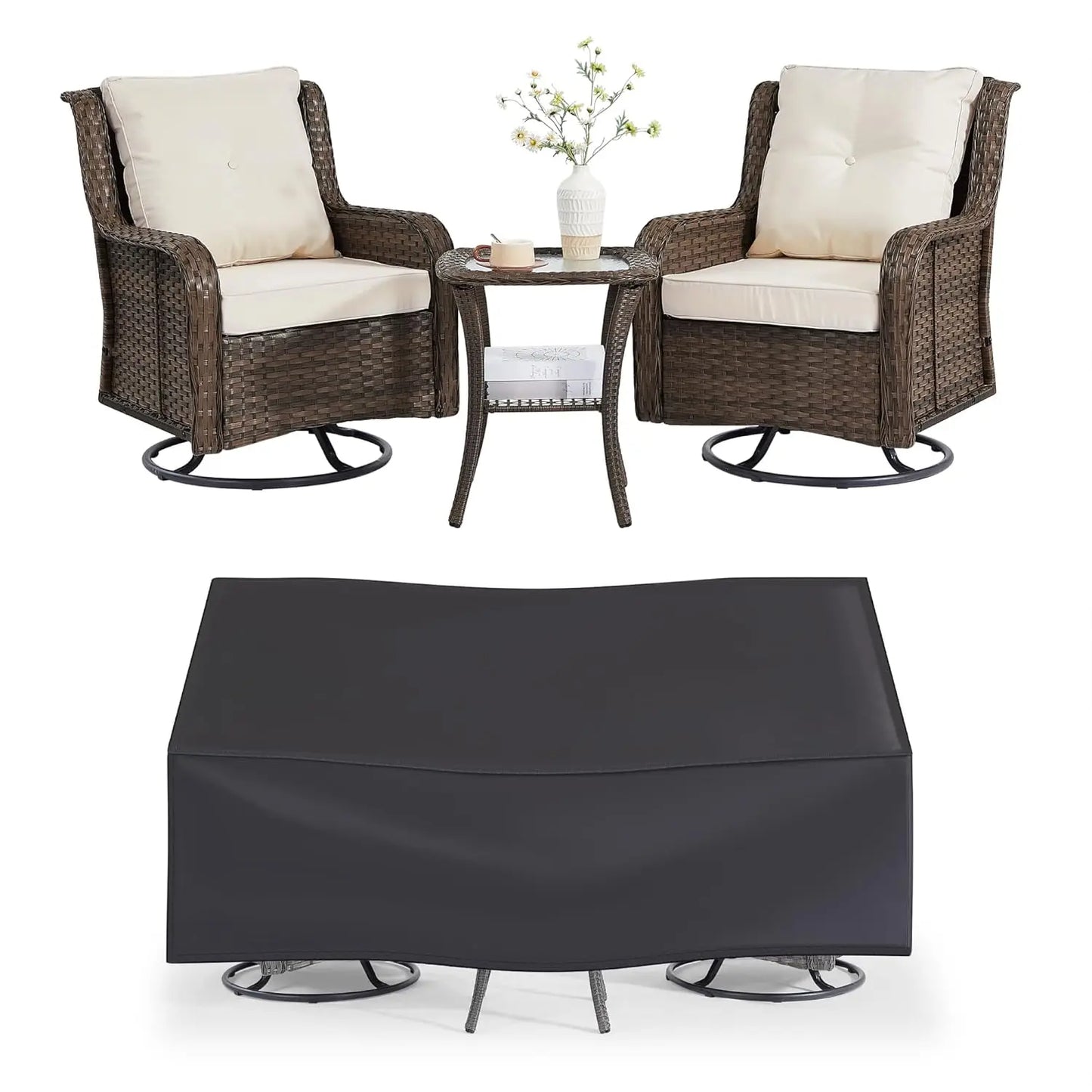 Wicker Patio Furniture Set With Swivel Rocking Chairs And Table