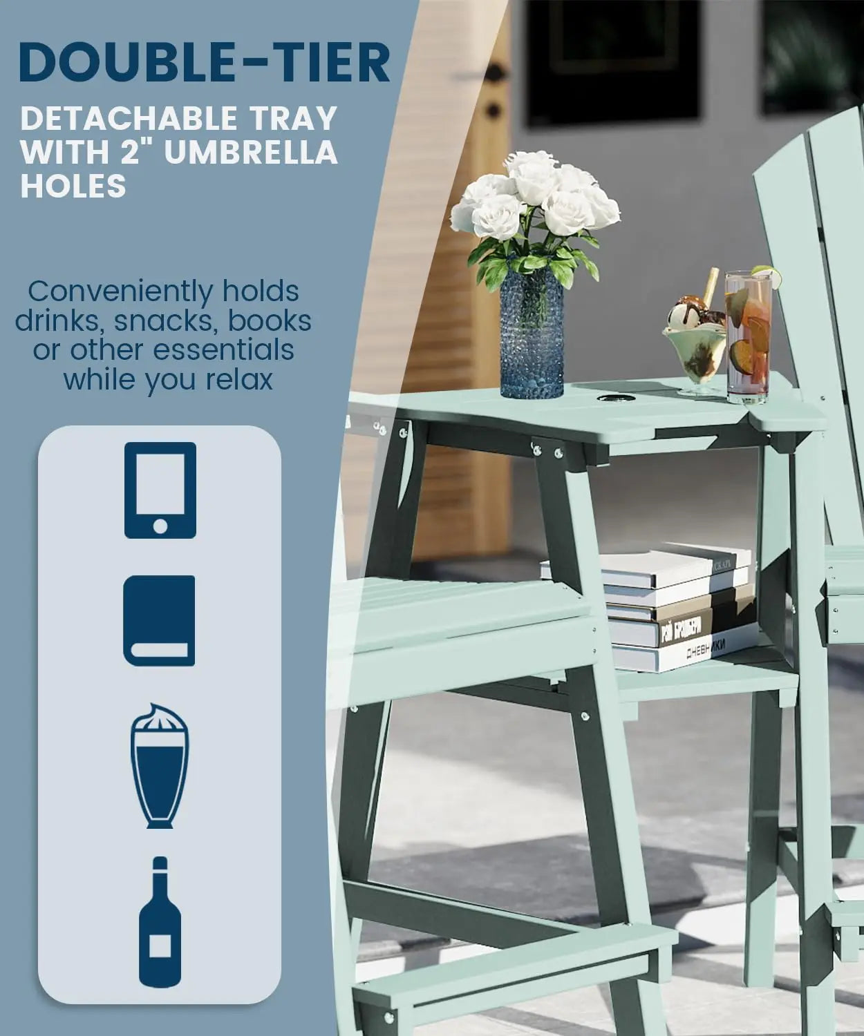 Tall Adirondack Chair Set Of Two With Bar Height Double Connecting Tray Outdoor