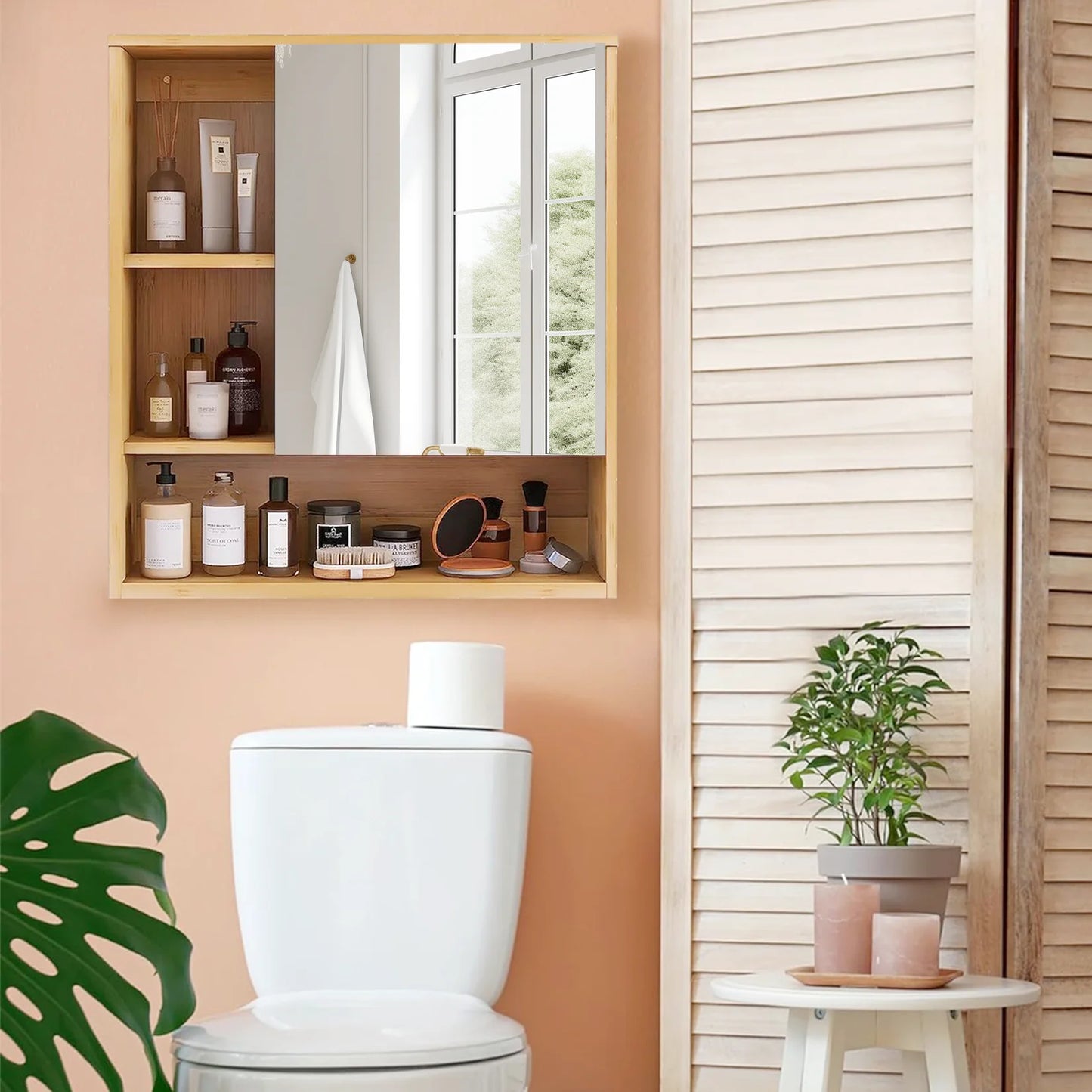 Wall Mounted Bamboo Bathroom Medicine Cabinet With Five Tier Storage