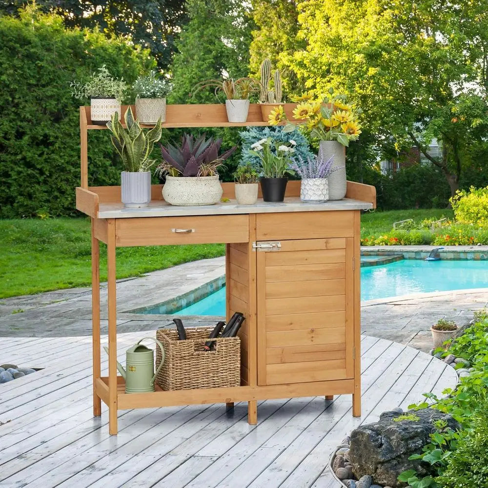Premium Wooden Outdoor Potting Bench With Metal Top And Cabinets