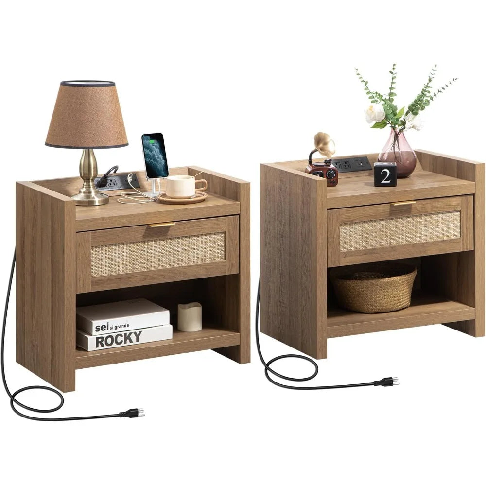 RBXC Rattan Nightstand Set Of 2 With Type C Charging