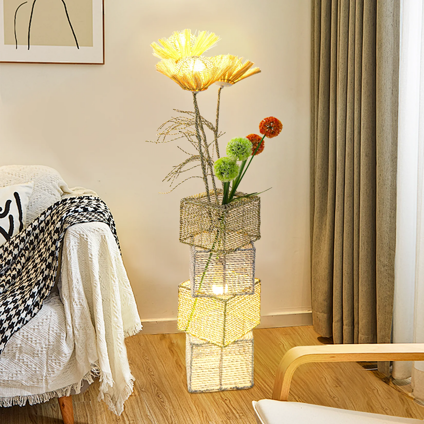 Modern Rattan Floor Lamp Dimmable with LED Bulbs Living Room