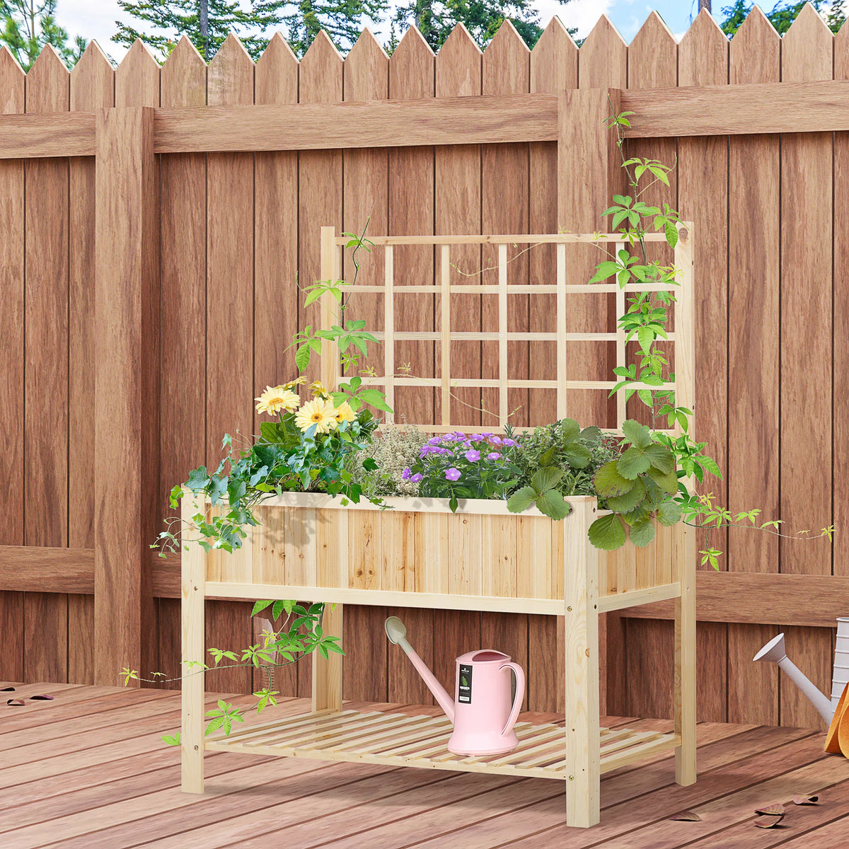 Outsunny Wooden Raised Garden Bed Planter With Trellis And Shelf