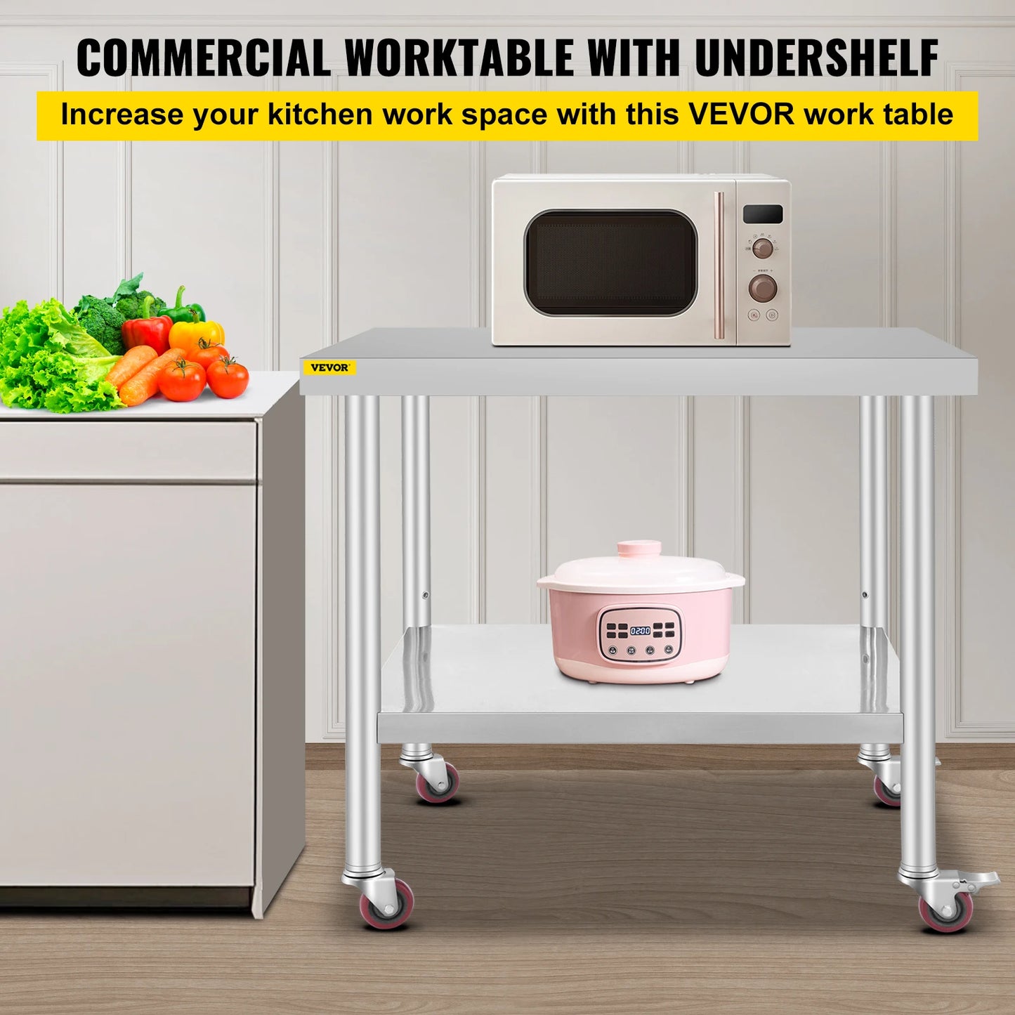 SucceBuy Stainless Steel Kitchen Prep Table With Sturdy Casters