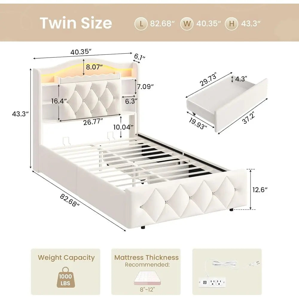 Luxury Velvet Upholstered Bed With Integrated Storage And Led Lighting