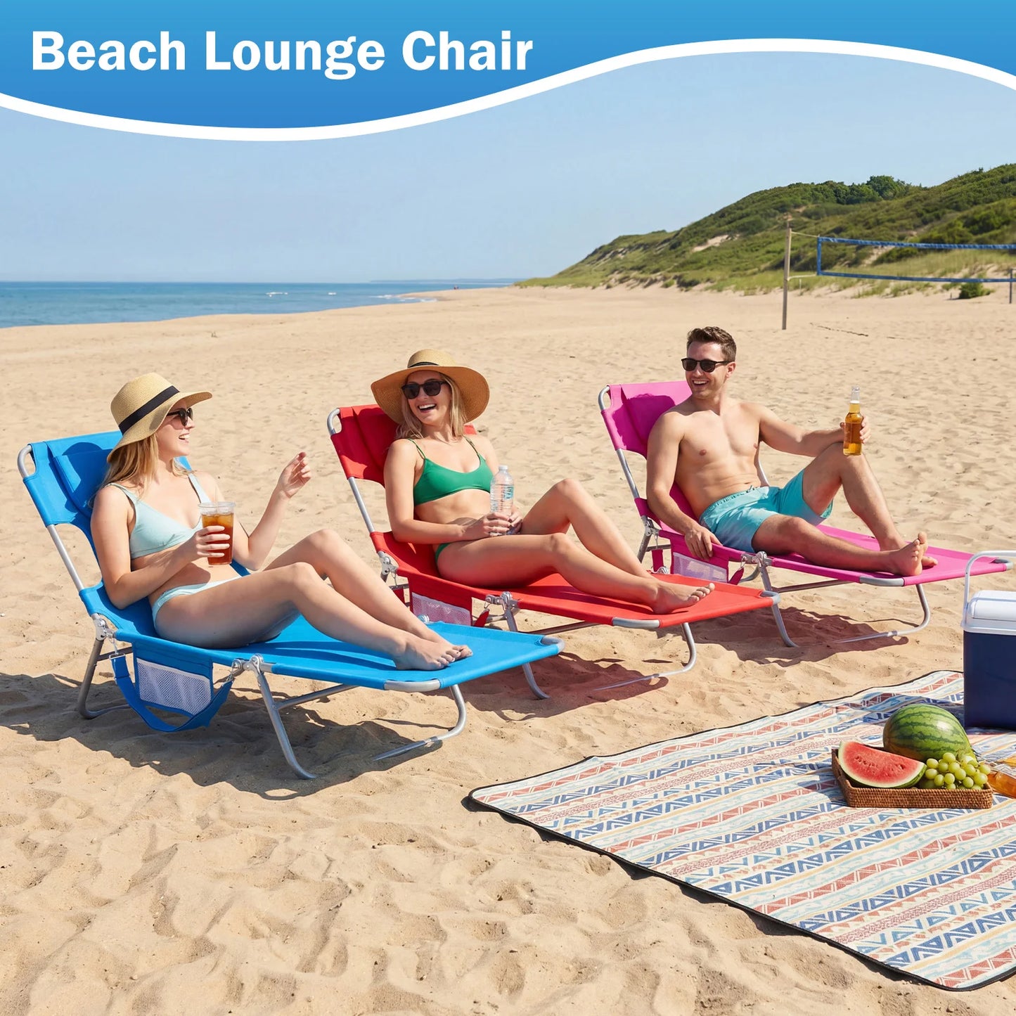 JHK 5-Position Adjustable Recline Beach Lounge Chair Portable Folding