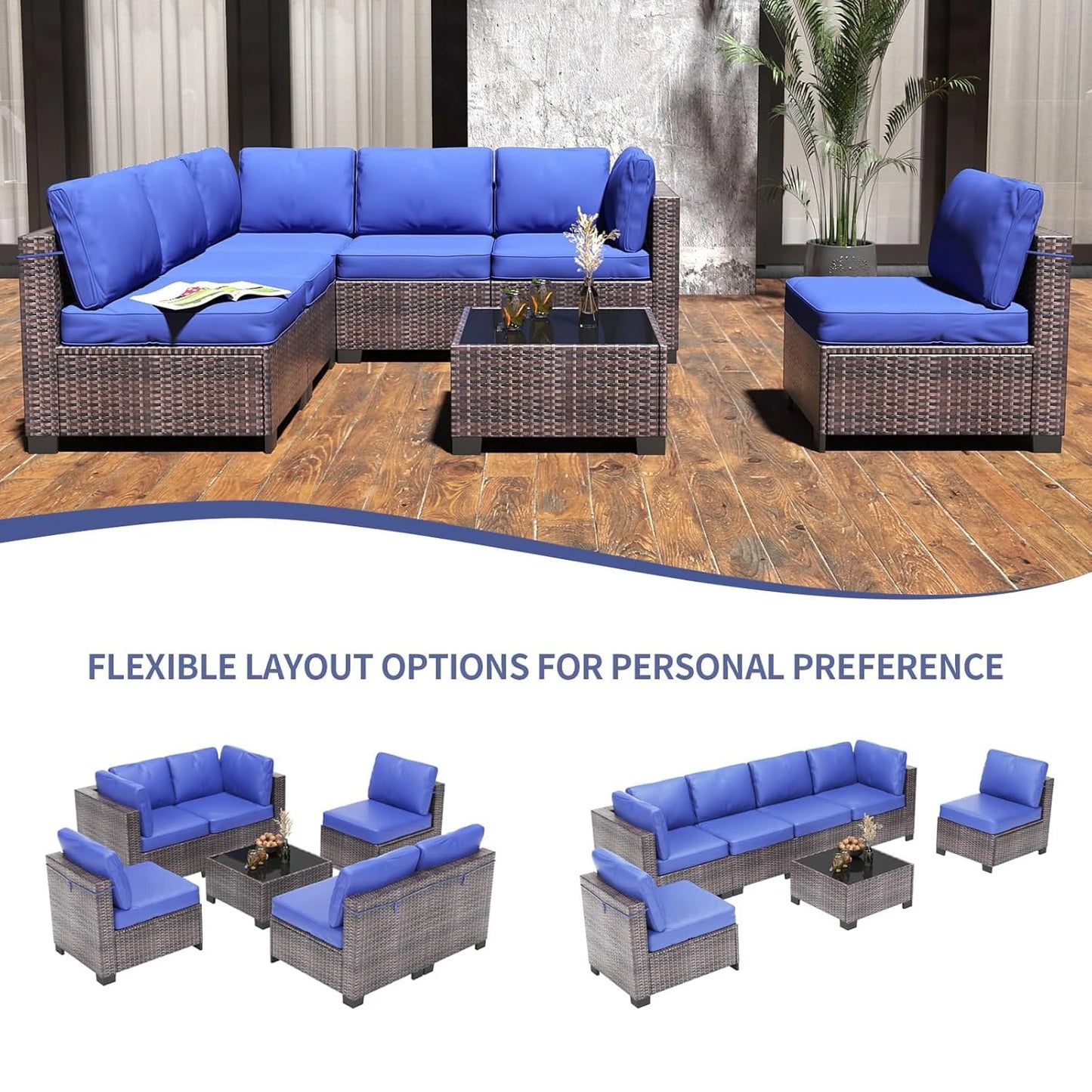 HobbyLane Seven Piece Modular Outdoor Furniture With Rattan Wicker Sofa