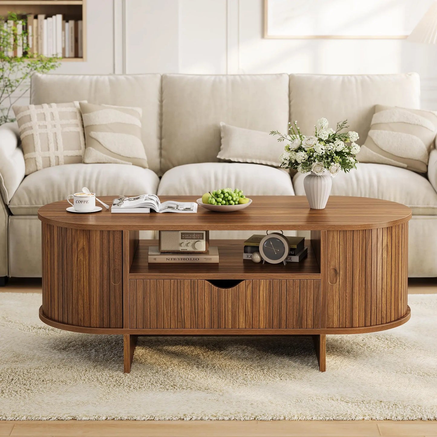HiMiss Modern Fluted Wood Coffee Table With Storage Cabinet
