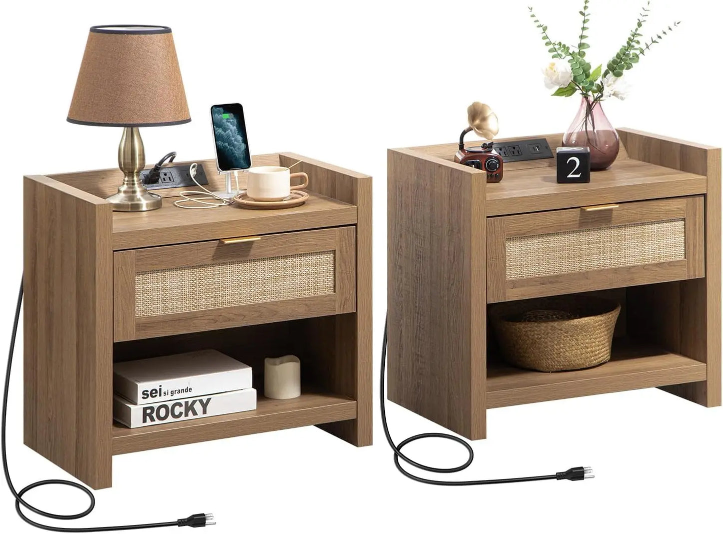 RBXC Rattan Nightstand Set Of 2 With Type C Charging