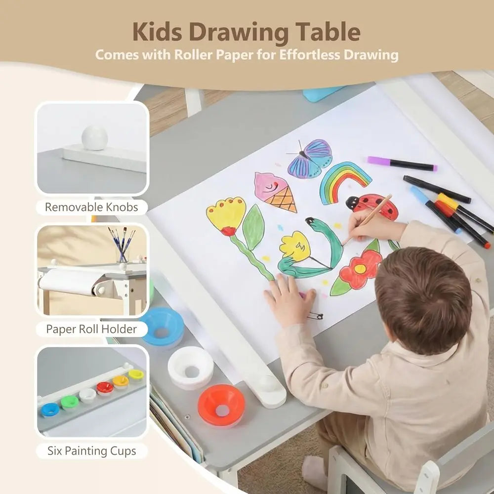 Kids Art Activity Table Set With Two Chairs Bookshelves Storage