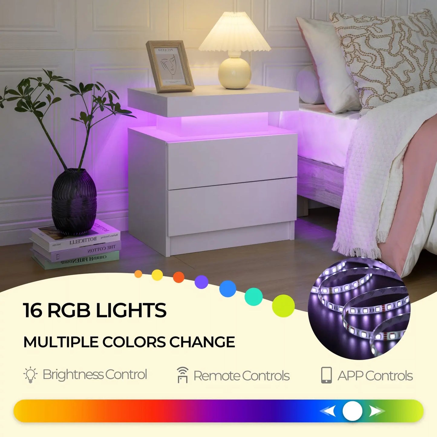 Cubehom LED Nightstand With 2 Drawers And RGB Accent Lighting