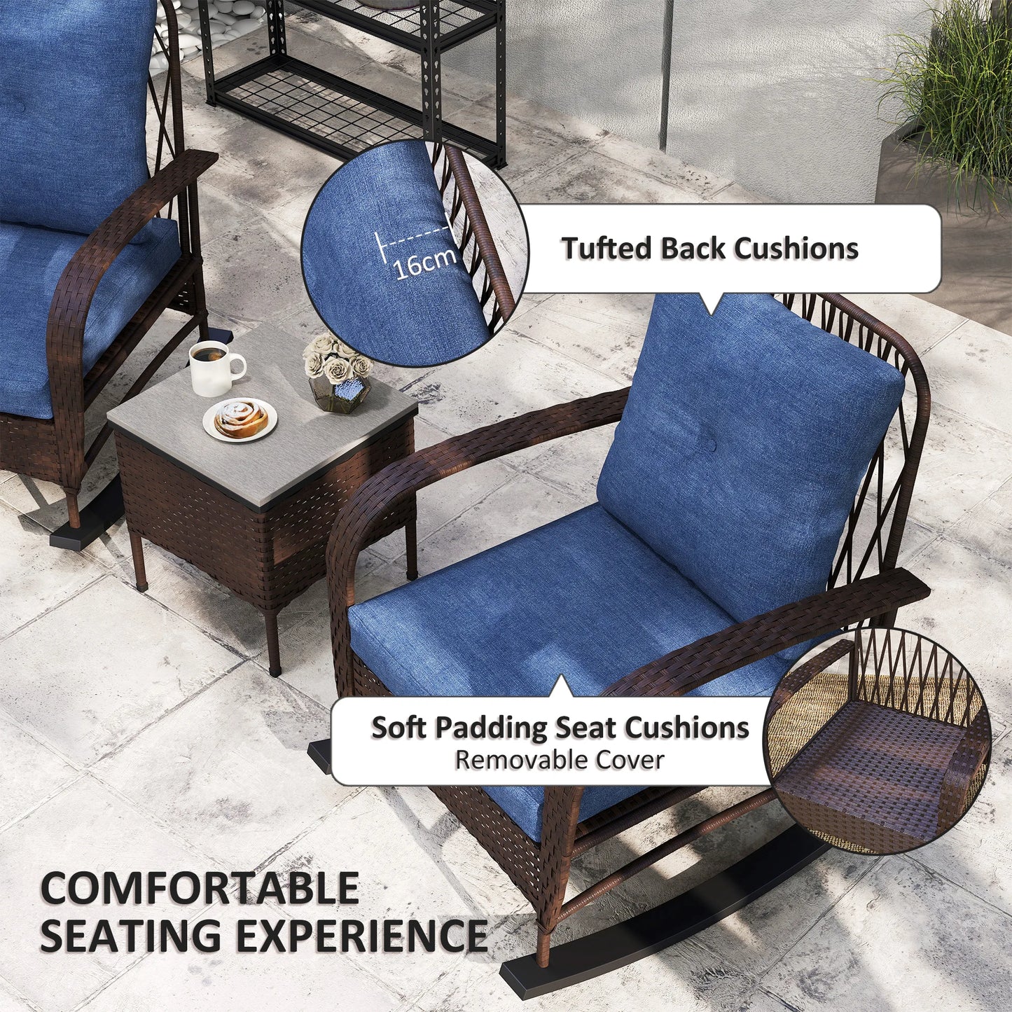 Outsunny Rattan Wicker Patio Rocking Chairs Coffee Table Set