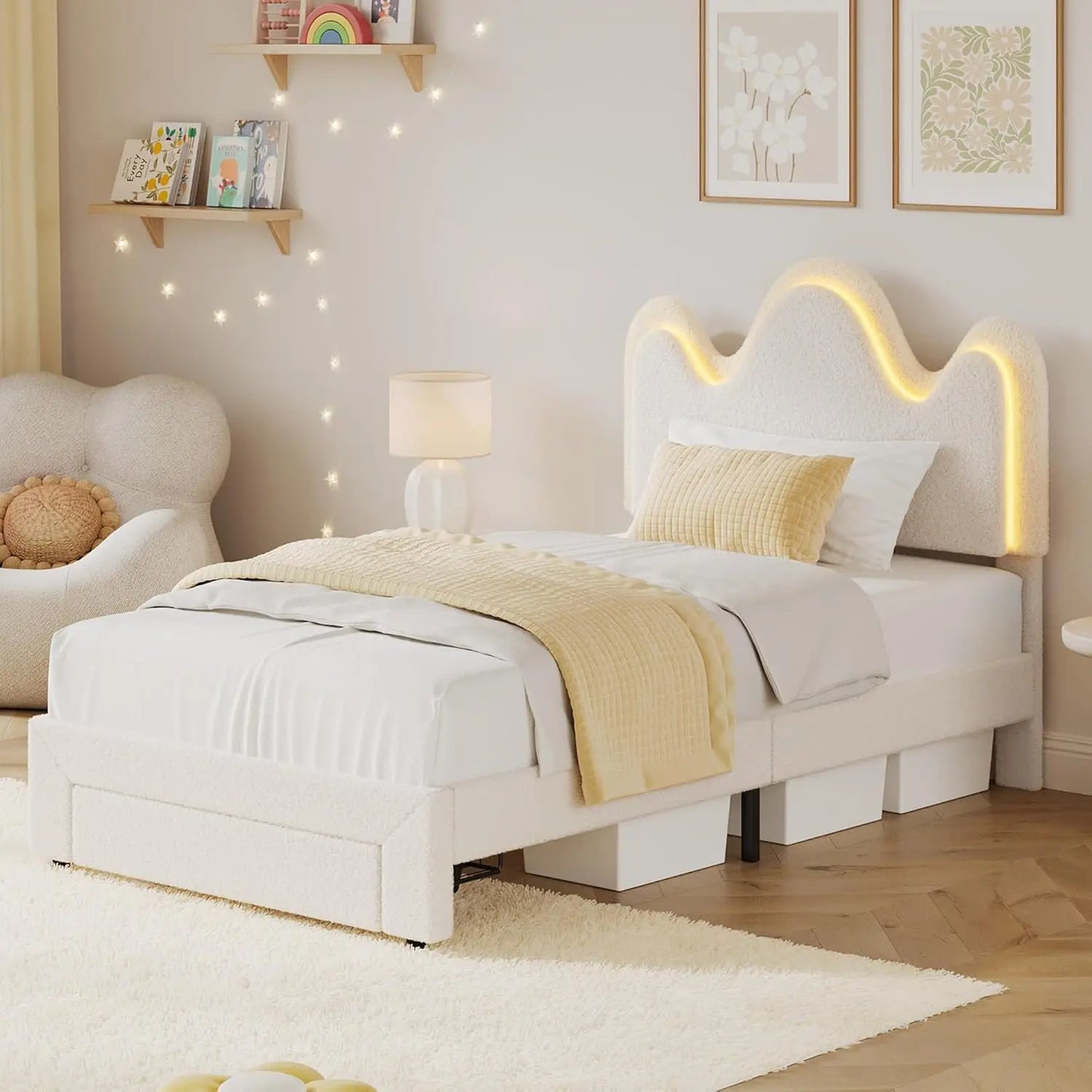 Studyset Boucle Princess Bed Frame With LED Headboard And Storage