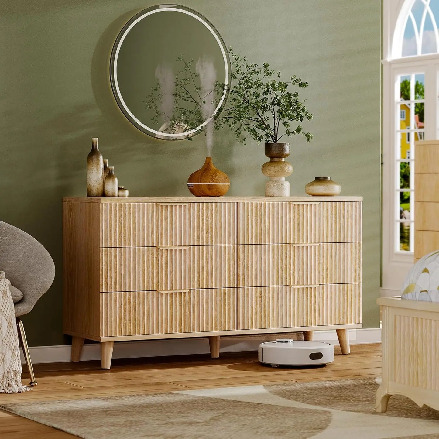 Wood Dresser for Bedroom Fluted Modern Chest of Drawers 6 Drawers
